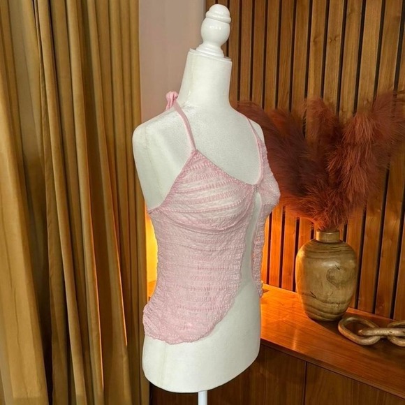 00s Style Leg Avenue Pink Sheer Striped Halter Neck Crop Top Size X-Small - Picture 2 of 6